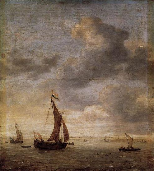 Jan Porcellis Single-Masted Damlooper and Rowboat on a Breezy Day oil painting image